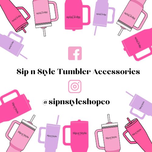 a group of pink and purple items with the words sip n style tumbler accessories